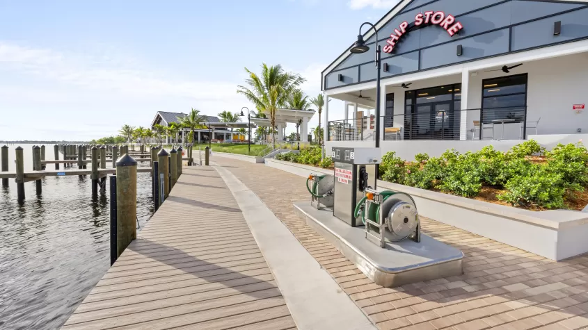 Public docking and fuel available for guests arriving by boat at Slipaway Food Truck Park & Marina